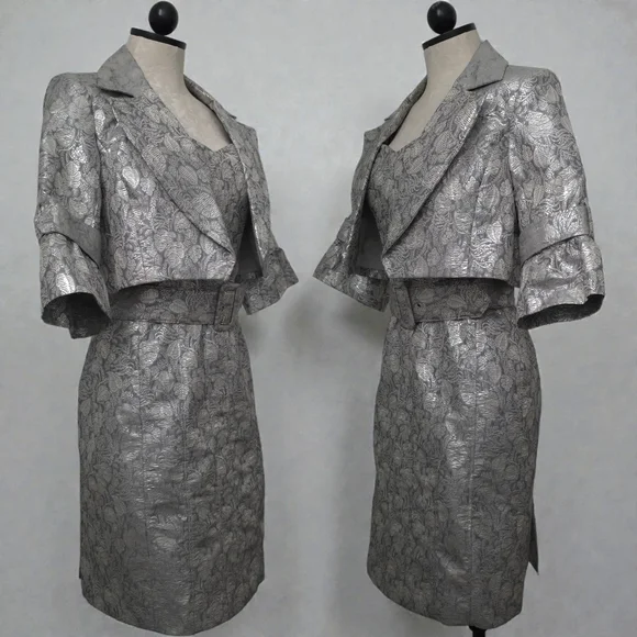 Badgley Mischka Designer Evening Mini Midi 3-Piece Belted Set Dress 6-Medium - Picture 3 of 9